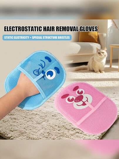 1pc Cartoon Pattern Pet Grooming Deshedding Glove, Cat Dog Hair Removal Brush, Hair Collection Glove, Easily Gather Hair Into Strands, Pet Hair Brush, Suitable For Sofa, Clothes, Bedding, Carpet And Other Pet Hair Cleaning Glove Brush