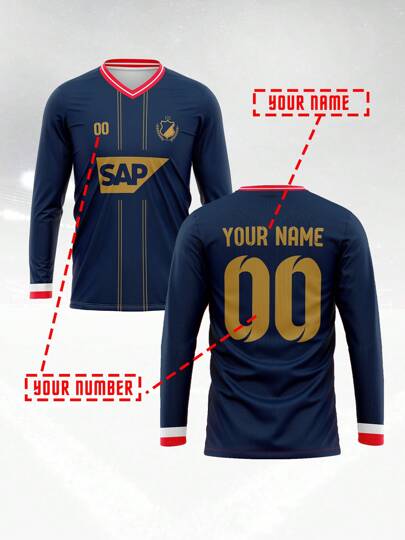 2025 Customized Jersey, New Autumn Outdoor Quick-Dry Single Piece Top, Men's Sports Team Club Training V-Neck Football Shirt Long Sleeve Top With Front & Back Printed Name, Number, Logo, Paired With Men's Solid Cotton Long Sleeve T-Shirt, Comfortable Fit For Casual, Party, Gathering