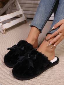 女士简约休闲可爱蝴蝶结毛绒套脚拖鞋，包头设计，轻便柔软鞋底，保暖内里，适合客厅和卧室穿着，春秋季款 - 黑色 - 查看 8