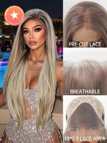 金色渐变色 13*3.5 高清透气透明蕾丝前假发 - 30 英寸超长直发 - 耐热合成假发 - 非常适合日常、派对、舞会 - 女士万圣节服装假发