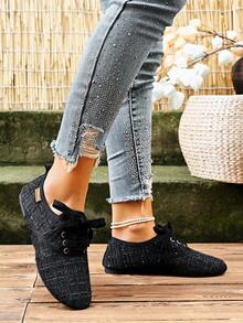 系带圆头女士时尚平底休闲鞋，优雅时尚 - 黑色 - 查看 4