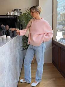 Nuova Maglia Romantica a Maniche Lunghe a Collo Tondo di Colore Rosa per la Primavera/Autunno, Maglione Lavorato a Maglia Oversize e di per San Valentino per Donna