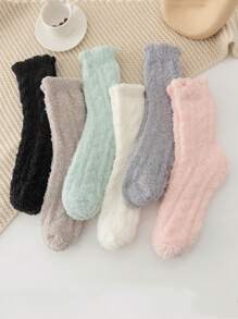 6pairs Solid Fuzzy Fluffy Socks - Multicolor - View 12