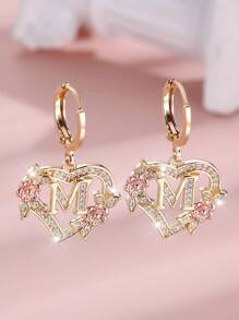 1 对心形首字母方晶锆石环形耳环，适合女士少女，精美心形雕刻 26 个字母 A-Z 和个性化名字花朵耳环，适合日常情人节珠宝生日礼物、妈妈、母亲、母亲节、礼物 - 花心形字母 - 查看 32
