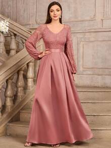 MIUSOL Đầm dạ hội maxi cổ chữ V sâu, ren hoa, phối màu tương phản, chất liệu satin, tay phồng. - Bụi hồng - Xem 7