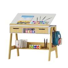 FXLTSBL Children's Desk Made Of Solid Pine Wood, Natural/White - Desk With Tilt-Adjustable Tabletop, Beautiful Youth Desk With 2 Drawers - Khaki - View 10