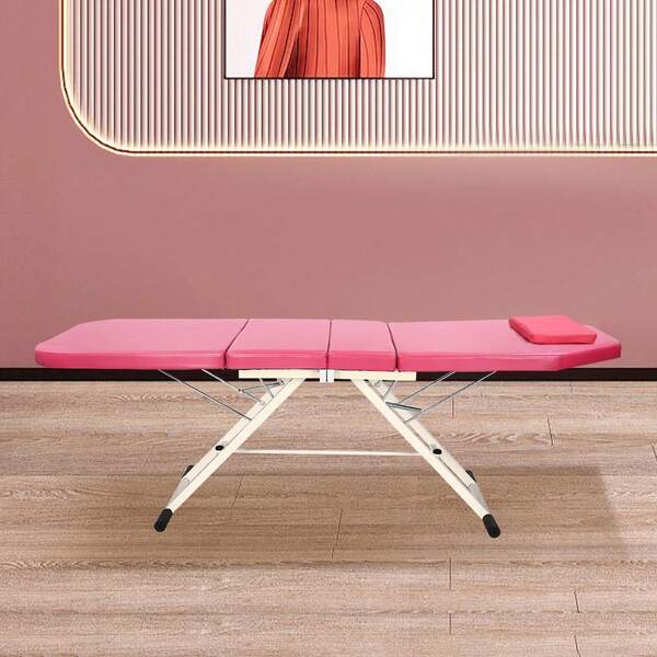 Tri-Fold Portable Beauty Bed Massage Table, Heavy Duty 500 Lbs Capacity Adjustable Salon Chair, Pink For Salon Facial Spa