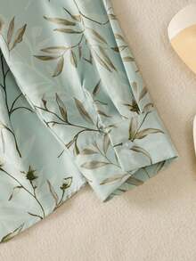 女士休闲树叶印花长袖衬衫，时尚纽扣领衬衫，适合秋、冬、春季穿着 - 淺藍色 - 查看 7