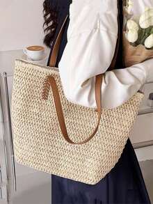 Baila Morena Straw Beach Tote Bag Women Large Faux Leather Striped Shoulder Tote Bag Hand Strap With Zipper - 杏色 - 查看 4