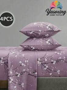 4 件套紫色梅花枝花卉图案床单套件易于护理超细纤维柔软床上用品套件花卉床笠套件（1 件床单+1 件床笠+2 个枕套）床笠套件特大号双人床全尺寸床单深口袋最大 11.8 英寸枕套，柔软透气防皱，更适合睡眠，豪华酒店风格，送给妈妈爸爸朋友宿舍床上用品返校床上用品的礼物