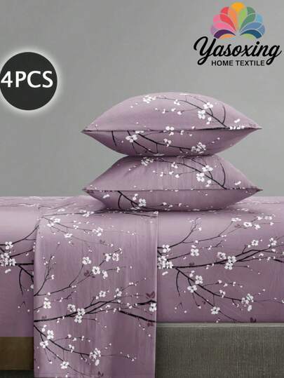 4 件套紫色梅花枝花卉图案床单套件易于护理超细纤维柔软床上用品套件花卉床笠套件（1 件床单+1 件床笠+2 个枕套）床笠套件特大号双人床全尺寸床单深口袋最大 11.8 英寸枕套，柔软透气防皱，更适合睡眠，豪华酒店风格，送给妈妈爸爸朋友宿舍床上用品返校床上用品的礼物