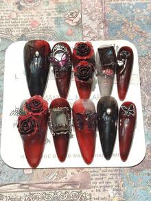 1包/10件万圣节深玫瑰方形钻石蝴蝶幻影纯手工可穿戴美甲贴片美甲用品指甲