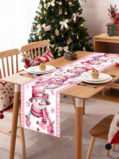 180*35cm Pink Christmas Snowman Table Runner Plaid Table Cover Christmas Decorations For Home 2025 Xmas Christmas Gifts New Year 2026 Tablecloth Festive Table Decorations Polyester Fabric Material