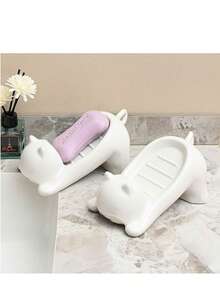1pc Cute Cartoon Cat Soap Dish, Creative Non-Drip Bathroom Soap Holder, Storage Rack, Hygiene Draining Box - Multicolor - View 3