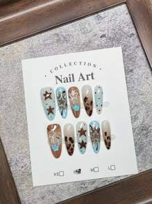 10 件装舒适秋冬豹纹按压指甲棕色带星星图案 - 动物印花和五角星设计的别致组合指甲用品 - 巧克力棕 - 查看 2