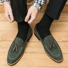 Men's English Frosted Leather Oxford Shoes, Dress Loafers, Business Casual Pointed Toe Fringed Loafers - 綠色 - 查看 6