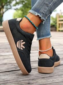 女士时尚休闲系带软底运动鞋，轻便百搭，适合所有季节和人群 - 黑色 - 查看 1