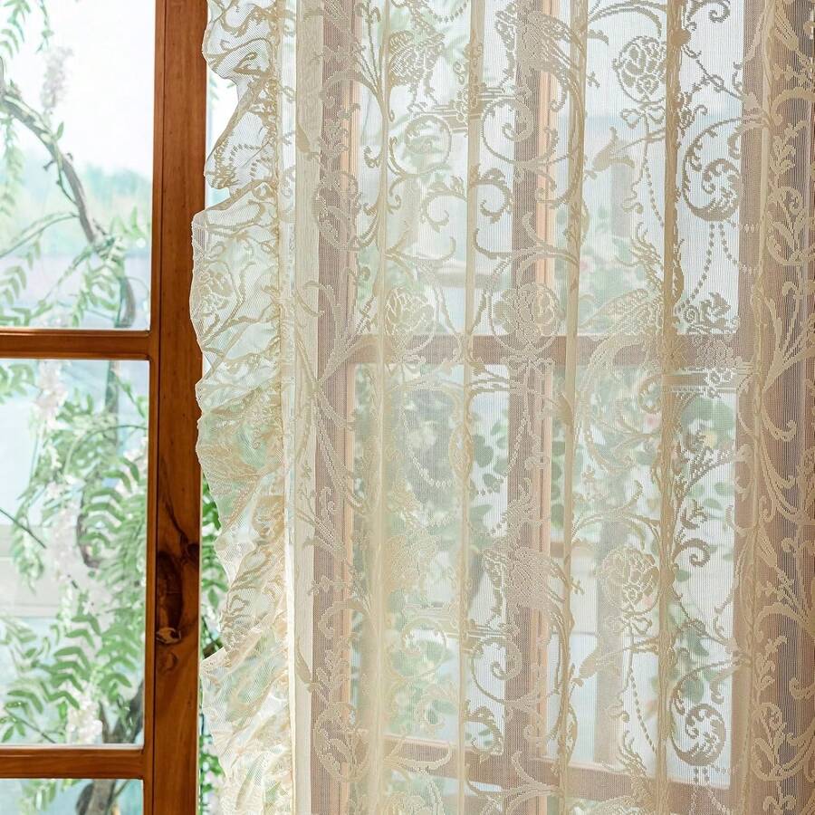 Green Sheer Curtains 108 Inch Long Living Room - Shabby Chic Floral Ruffled Curtains, Elegant Knitted Privacy Rod Pocket, Emerald Green, Spring/Summer, 1 Pair, 59 X 108 Inch - 淺褐色的 - 查看 1