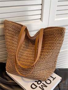 Baila Morena Straw Beach Tote Bag Women Large Faux Leather Striped Shoulder Tote Bag Hand Strap With Zipper - màu nâu - Xem 1