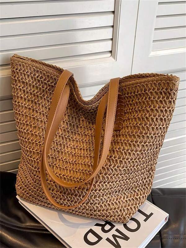 Baila Morena Bolsa tote de praia palha feminina grande couro sintético listrado bolsa tote de ombro alça de mão com zíper Carnaval
