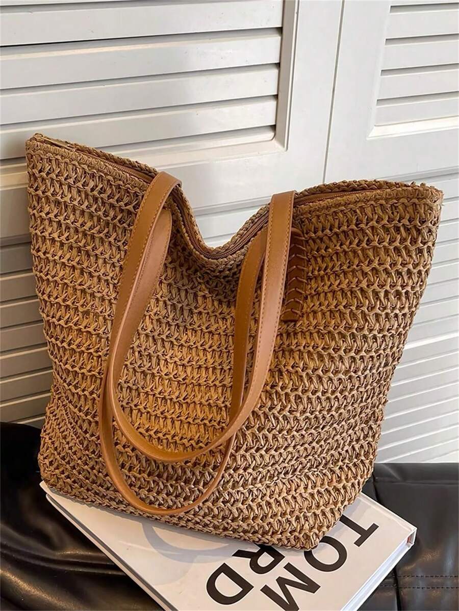 Baila Morena Straw Beach Tote Bag Women Large Faux Leather Striped Shoulder Tote Bag Hand Strap With Zipper - màu nâu - Xem 1
