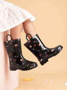 Kids' Waterproof Rain Boots Lightweight Pull-On Toddler Boots With Handles For Girls & Boys Cute Playtime Outdoor Shoes Black - 黑色 - 查看 2