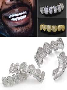Diamond Grillz, Unisex, Răng giả mạ bạc và vàng phong cách Hip Hop, Phù hợp cho cả răng trên và răng dưới, Răng giả hóa trang cho rapper, Thích hợp cho dạ hội hóa trang, nhập vai, biểu diễn sân khấu, lễ hội hóa trang, hòa nhạc, chương trình rap, lễ hội, giải trí quán bar, hội chợ vui chơi - Nhiều màu - Xem 4