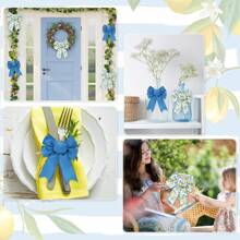 2 Rolls, Lemon Wired Edge Ribbon - Blue Tile Lemon Floral Craft Ribbon With Stitched Edges, Durable Polyester For Summer Birthday Gift Wrapping, Wreath & DIY Crafts