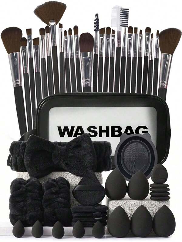 50pcs Makeup Brush Set, Mixed Makeup Beauty Tools, Including: 25pcs Makeup Brushes, 1pc Makeup Bag, 5pcs Beauty Eggs, 5pcs Powder Puffs, 5pcs Mini Beauty Eggs, 5pcs Mini Finger Powder Puffs, 1pc Headband, 2pcs Wristbands, 1pc Cleaning Tool, Basic Makeup Brushes, Quick Makeup, Suitable For Beginners And Professional Makeup Artists