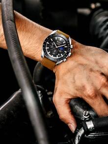 BIDEN 男士腕表，休闲运动计时表，带夜光、日期显示，男士商务石英表。防水，真皮表带 - 均碼 - 查看 11