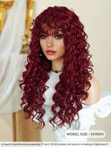 7JHH WIGS 24英寸惊艳蓬松卷曲红色假发，女士款 - 长款蓬松深波浪酒红色假发，带刘海，采用耐热合成纤维制成，适合日常佩戴、音乐节庆典派对角色扮演 - 服装假发配饰 - 毕业礼物 - 酒紅色 - 查看 5