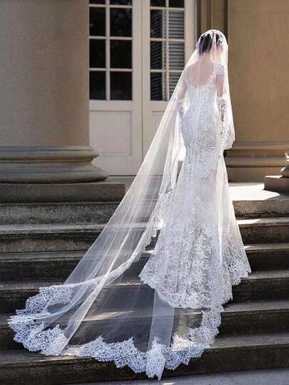 1 件浪漫轻盈蕾丝边 2-3 米长新娘婚纱头纱，优雅适合户外、草坪、教堂婚礼秋季女士服装