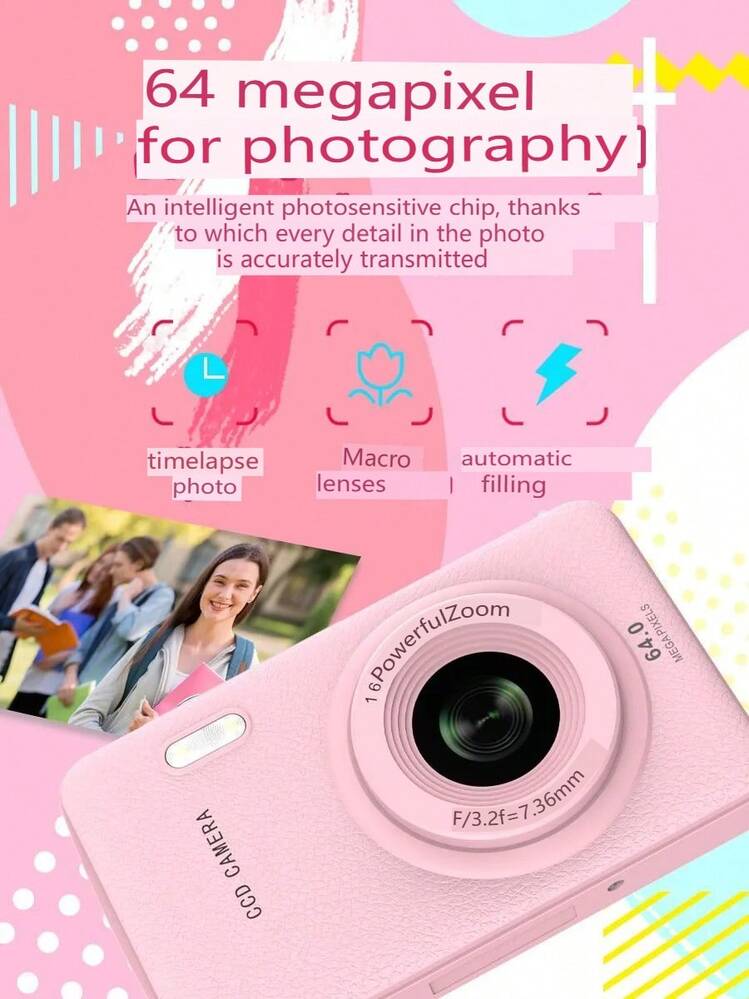 W&O 2025 48MP 1080P Full HD Digital Camera - 2.4-Inch Portable Auto-Focus Vlogging Camera With 32GB Card & 16X Zoom | USB-C Rechargeable,  Puzzle Game - 粉色 - 查看 2