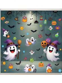 2 piezas Pegatinas lindas de fantasma y calabaza de Halloween, decoraciones de fiesta - Fáciles de aplicar y despegar sin residuos, adecuadas para decoración del hogar, aula, oficina, suministros de fiesta de Halloween, tema divertido de vacaciones, decoración de ventanas y paredes, decoración de castillo