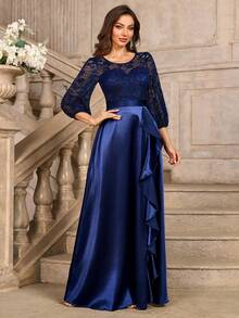 MIUSOL Floral Lace Contrast Satin 3/4 Sleeve Ruffle Formal Party Long Dress, For Dinner, Wedding Guest Dress, Graduation - Navy Blue - View 7