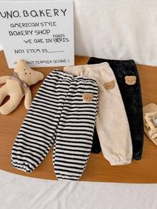 Bhchntiy 3pcs/Set Baby Boys' Plush Solid Color & Striped Casual Fashion Pants Set, Autumn/Winter - Multicolor - View 1