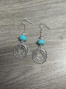 1 paire de boucles d'oreilles circulaires vintage bohèmes creuses en faux turquoise, un cadeau de bijoux convenant pour le port quotidien et les jours fériés pour les femmes