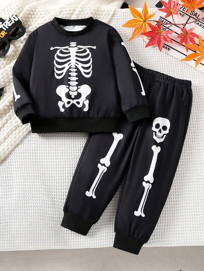 2pcs/Set Boys' Long Sleeve Crew Neck Skeleton Print Top + Elastic Waist Pants Outfit, Suitable For Halloween Party Wear, Gift