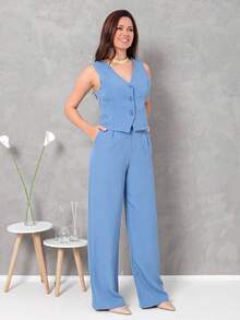 Women's Vest And Tailored Trousers Set - 藍色 - 查看 5