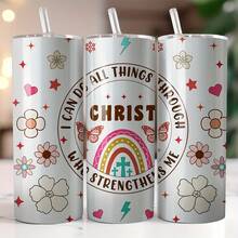 Inspirational Christian Jesus Religious Faith Cross Aesthetic Cute 20oz Skinny Tumbler, Insulated Travel Cup With Lid & Straw, Hot & Cold Drink Bottle - White - View 1