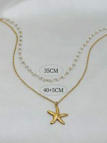 1 件简约不锈钢金色海星吊坠项链，配人造珍珠，适合女性，春夏季 - 金色珍珠海星 - 查看 4