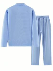 2pcs Men's Long Sleeve Polo Shirt And Drawstring Pants Set, Clean, Comfortable And Breathable - Baby Blue - View 3
