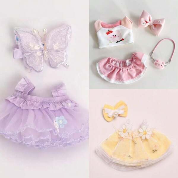 Conjunto de vestido de muñeca llavero de 17 cm, vestido morado con mariposa, accesorios de vestir para caja ciega de