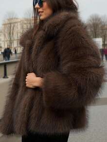 2025 Fall&Winter New Arrivals, Women's Loose Fit&Regular Length Long Sleeve Flannelette Collar Winter Jacket,Button Up Jacket Women,For Holiday/Daily/Formal&Evening/Travel/Country Concert/Airport/Party/Birthday, Fall&Winter Women Coat,Fall&Winter Coat,Fall Outfits Women,Winter Jacket Coat,Winter Jacket,Going Out Tops Women,Business Casual Woman,Christmas Clothes,Halloween Clothes Women,Fall,Winter, - Coffee Brown - View 2