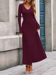 Women Sweater Dress Fall Fashion  Long Sleeve V Neck Ribbed Knit Pleated A Line Elegant Maxi Winter New Years Vacation  Dresses Vestidos Elegantes De Mujer - Màu Đỏ Sâu - Xem 3