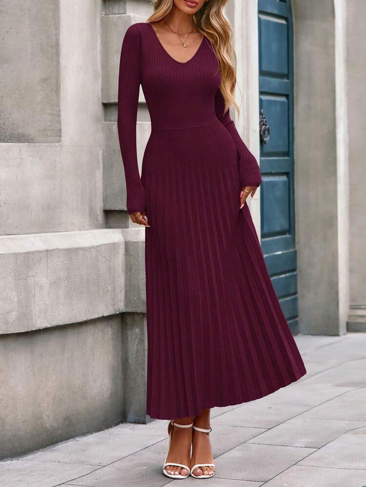 Women Sweater Dress Fall Fashion  Long Sleeve V Neck Ribbed Knit Pleated A Line Elegant Maxi Winter New Years Vacation  Dresses Vestidos Elegantes De Mujer - 酒紅色 - 查看 3