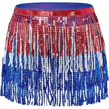 Halloween  Halloween Essentials  Party Limited Edition  Women's Belly Dance Scarf Skirt Sparkly Tassel Disco Outfits Sequin Wrap Rave Costumes Fringe Skirt - Red White Blue - 查看 1