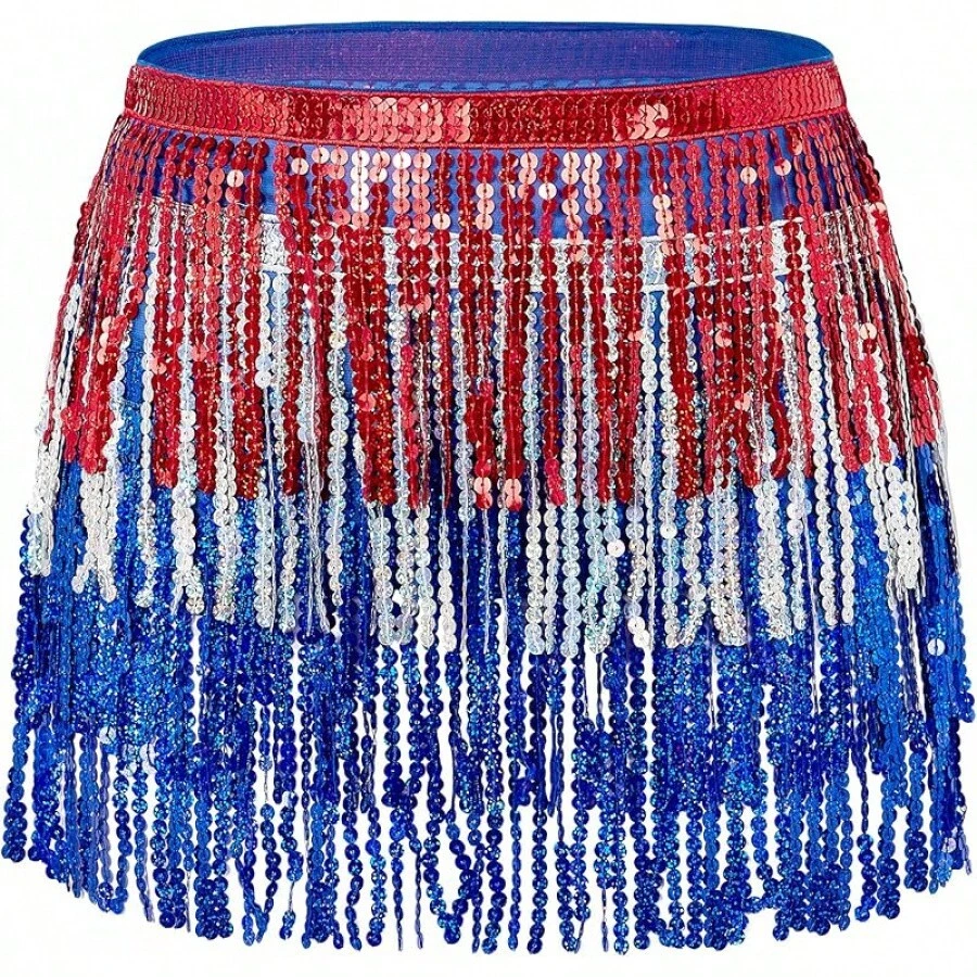 Halloween Halloween Essentials Party Limited Edition Women's Belly Dance Scarf Skirt Sparkly Tassel Disco Outfits Sequin Wrap Rave Costumes Fringe Skirt - Red White Blue - 查看 1