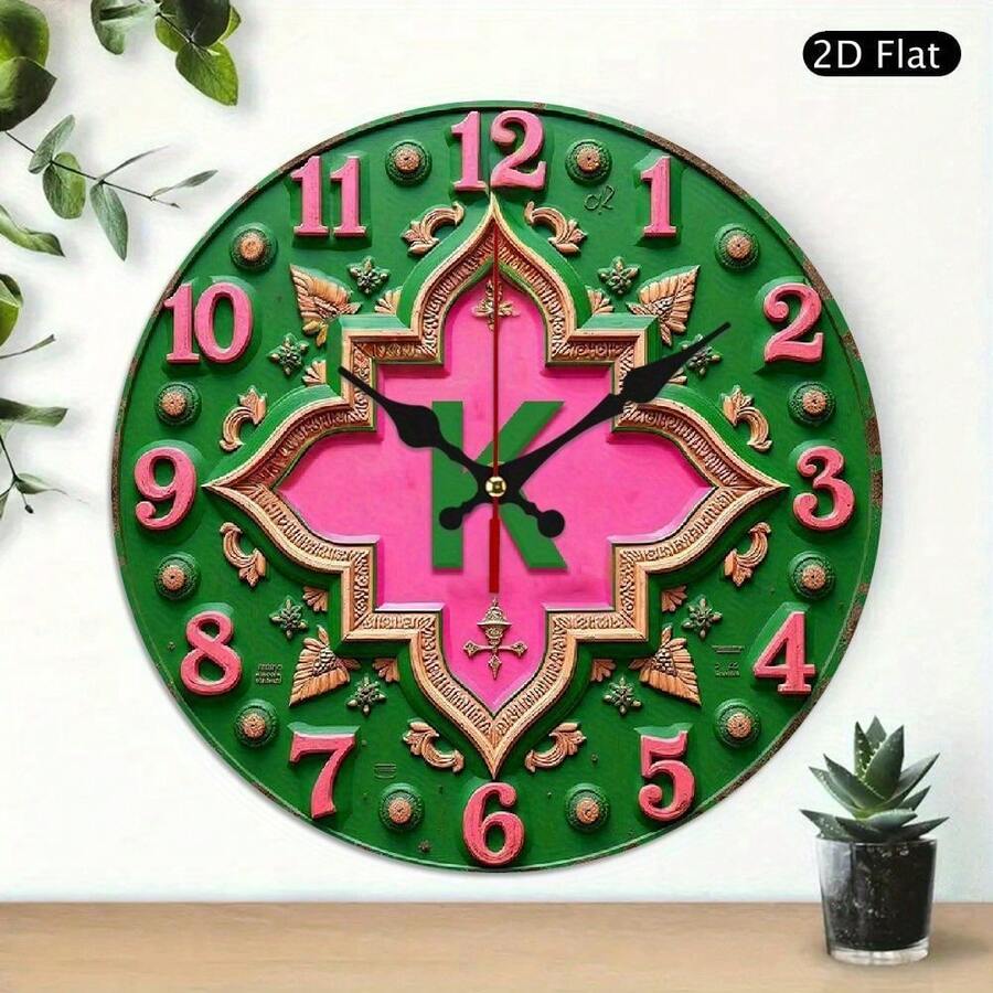 1 Piece Large 10inch Greek Alphabet Clock - Elegant Pink And Green Modern Or Traditional Decoration, Golden Hands, Silent Quartz Movement, Easy-To-Read Numerals - Suitable For Living Room, Bedroom, Office, Greek House Decoration - Battery Not Included - Ideal Gift For Capa Alpha Sorority Members, 2D Flat - 1個 - 查看 1