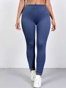 Pantalones casuales para mujer de talla grande con cintura elástica, efecto jegging, con bolsillos delanteros y traseros, de tela de punto cómoda y de moda para uso en el hogar